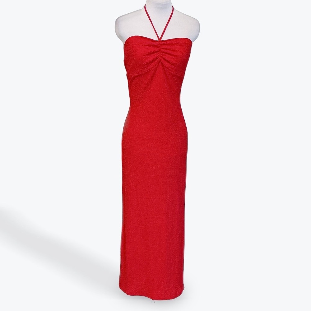 See You Monday Red Halter Maxi Dress XL Strapless Textured Stretch Bodycon